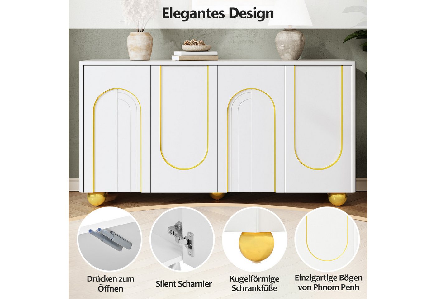 Merax Sideboard mit Goldlinien-Dekor, Wohnzimmerschrank Aufbewahrungsschrank (1 St), Kommode mit 4 Türen, Metallfüßen & Stauraum, 140Lx40Bx74H cm – Bild 5 von 5