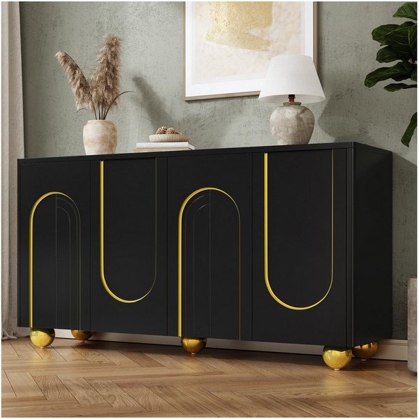Merax Sideboard mit Goldlinien-Dekor, Wohnzimmerschrank Aufbewahrungsschrank (1 St), Kommode mit 4 Türen, Metallfüßen & Stauraum, 140Lx40Bx74H cm