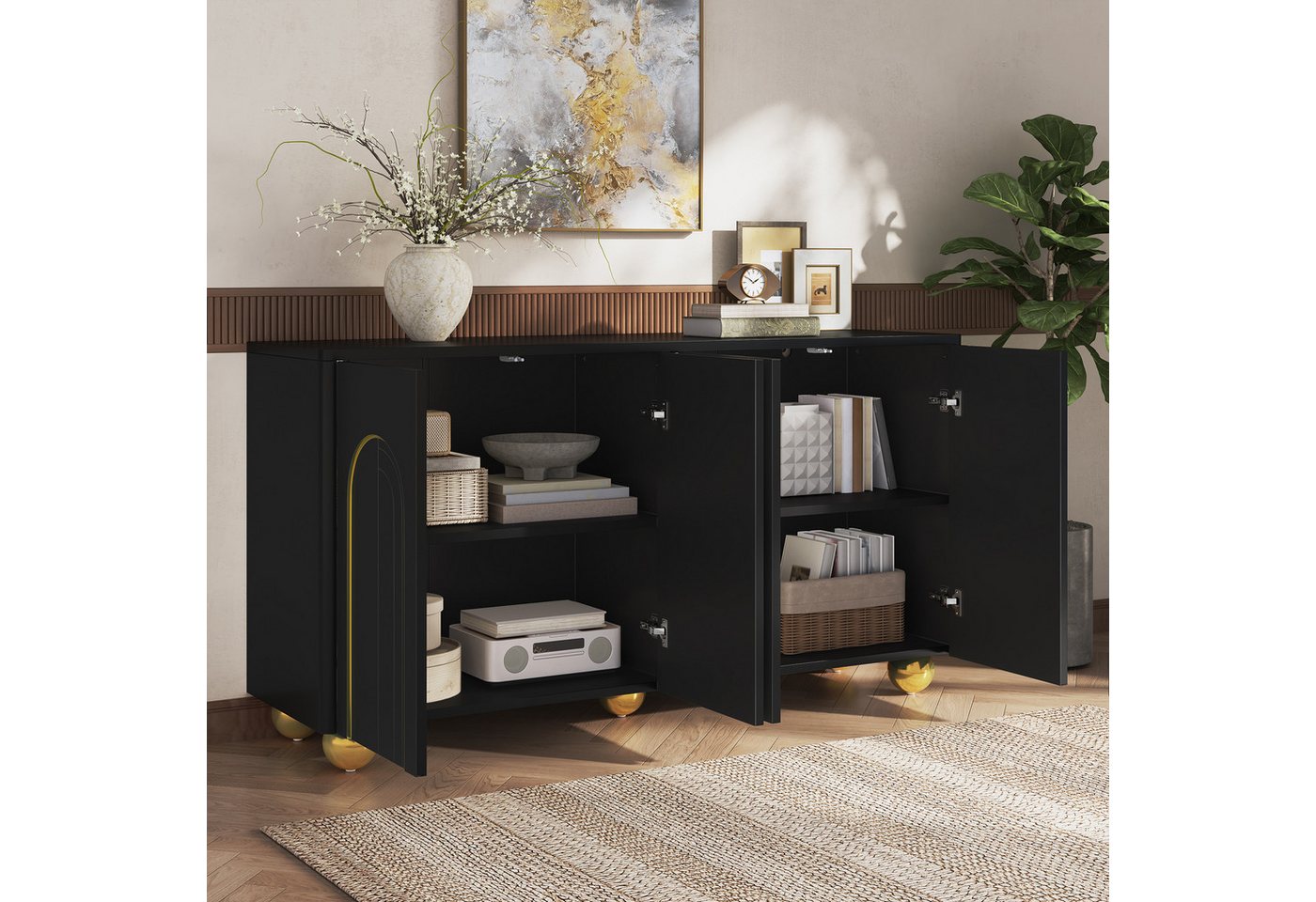 Merax Sideboard mit Goldlinien-Dekor, Wohnzimmerschrank Aufbewahrungsschrank (1 St), Kommode mit 4 Türen, Metallfüßen & Stauraum, 140Lx40Bx74H cm – Bild 2 von 5