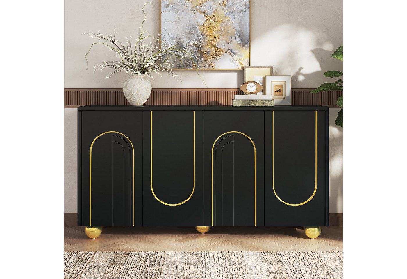 Merax Sideboard mit Goldlinien-Dekor, Wohnzimmerschrank Aufbewahrungsschrank (1 St), Kommode mit 4 Türen, Metallfüßen & Stauraum, 140Lx40Bx74H cm – Bild 3 von 5