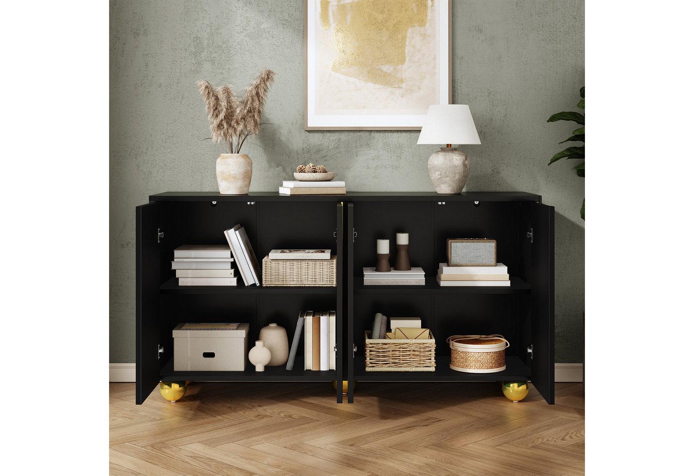 Merax Sideboard mit Goldlinien-Dekor, Wohnzimmerschrank Aufbewahrungsschrank (1 St), Kommode mit 4 Türen, Metallfüßen & Stauraum, 140Lx40Bx74H cm – Bild 4 von 5