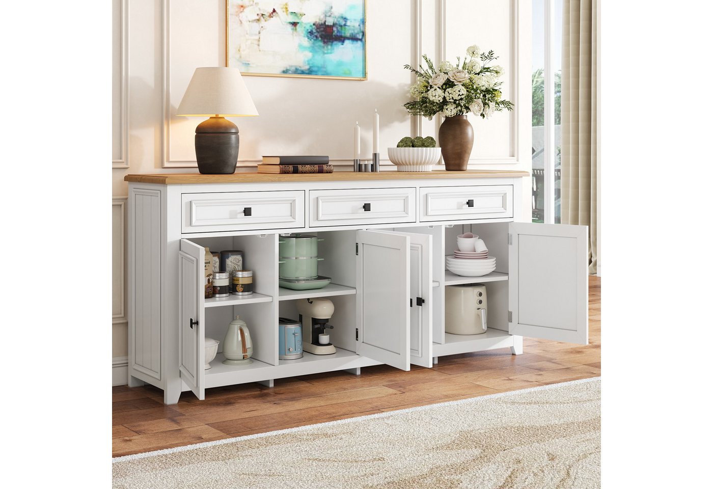 Merax Sideboard mit großzügigem Stauraum, Anrichte im modernen Minimalismus (160x35x76cm, 1 St), Kommode mit 3 Schubladen, 4 Türen & verstellbaren Einlegeböden – Bild 2 von 5
