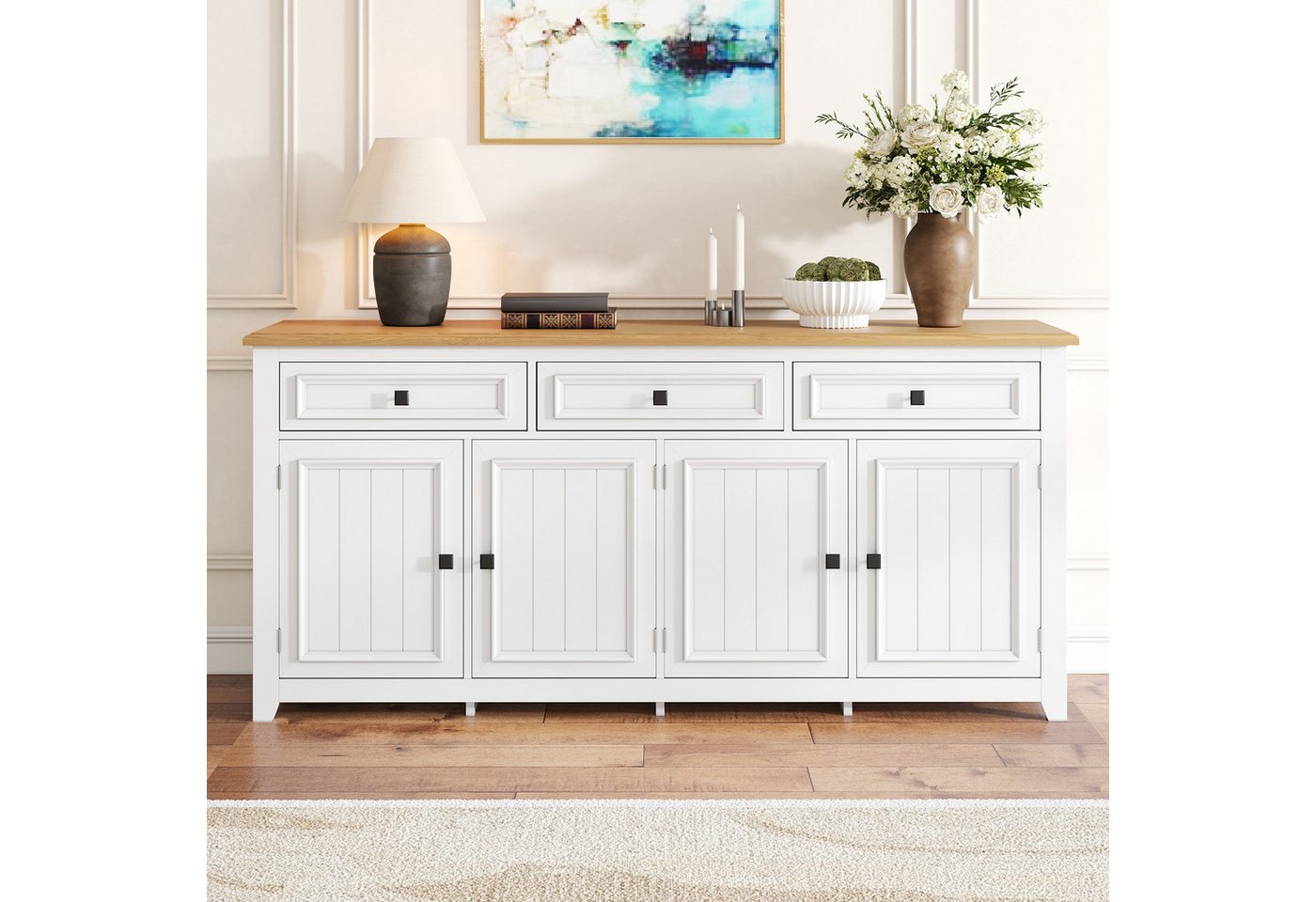 Merax Sideboard mit großzügigem Stauraum, Anrichte im modernen Minimalismus (160x35x76cm, 1 St), Kommode mit 3 Schubladen, 4 Türen & verstellbaren Einlegeböden – Bild 3 von 5