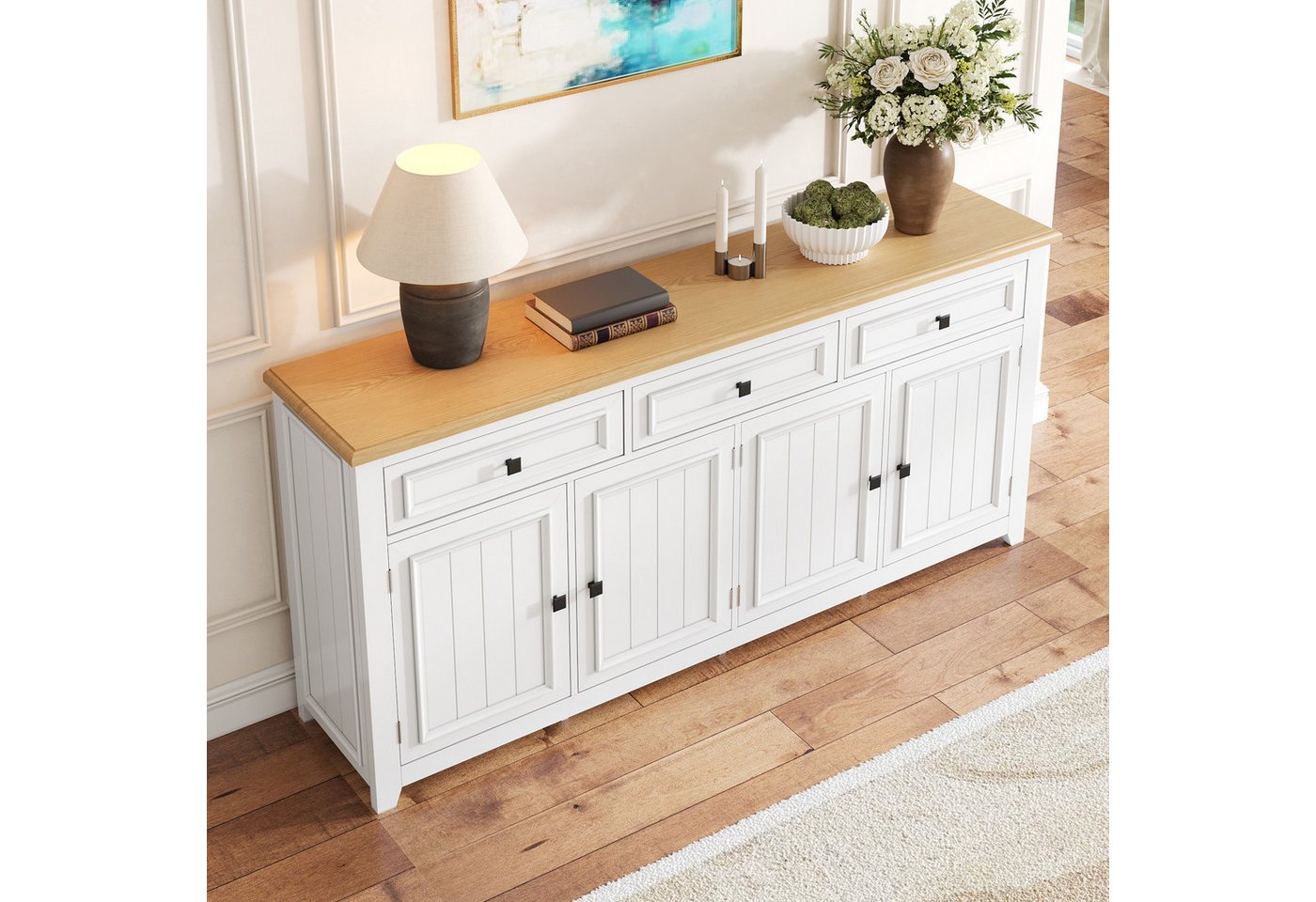 Merax Sideboard mit großzügigem Stauraum, Anrichte im modernen Minimalismus (160x35x76cm, 1 St), Kommode mit 3 Schubladen, 4 Türen & verstellbaren Einlegeböden – Bild 4 von 5