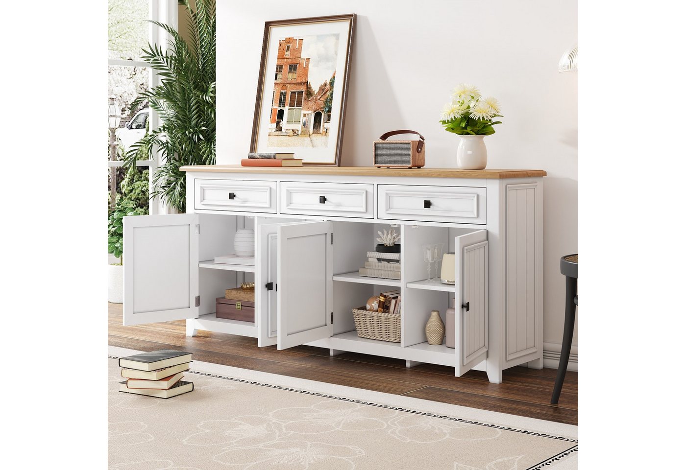 Merax Sideboard mit großzügigem Stauraum, Anrichte im modernen Minimalismus (160x35x76cm, 1 St), Kommode mit 3 Schubladen, 4 Türen & verstellbaren Einlegeböden – Bild 5 von 5