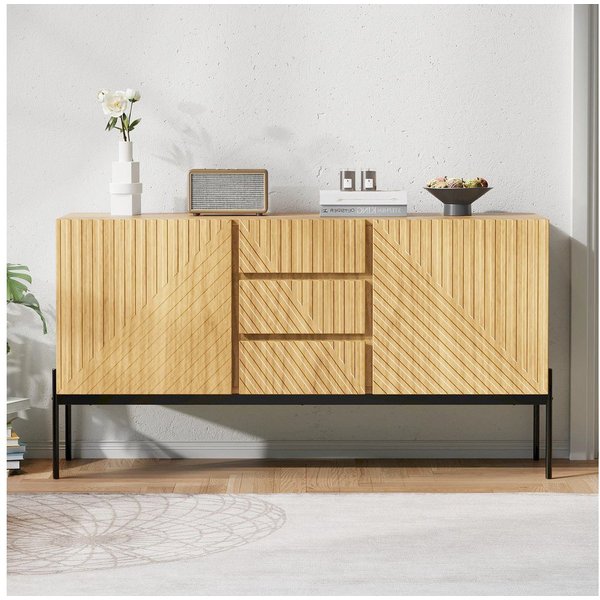 Merax Sideboard mit höhenverstellbare Einlegeböden und Metallfüße (1 St), Buffet Anrichte Schrank Kommode mit 2 Türen & 3 Schubladen,140x75x40cm