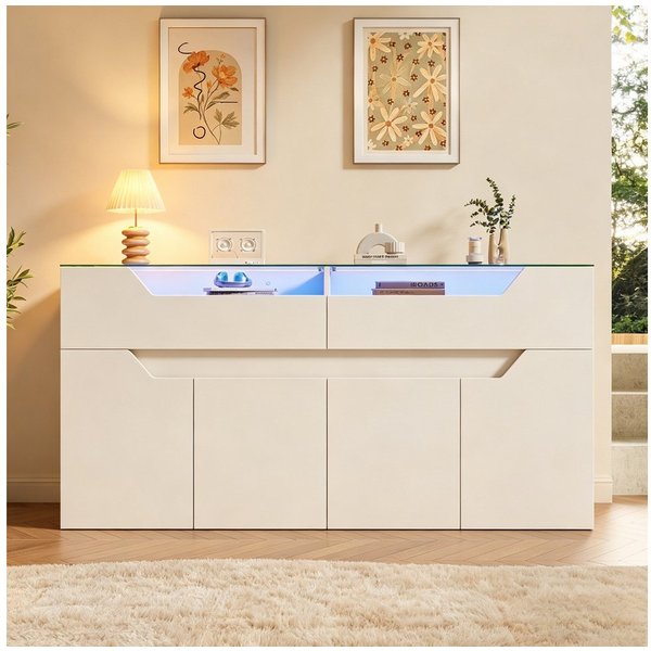 Merax Sideboard mit LED-Beleuchtung, Aufbewahrungsschrank Buffetschrank Anrichte (1 St), Kommode mit 2 Schubladen, 4 Türen, gehärteter Glasplatte & Stauraum
