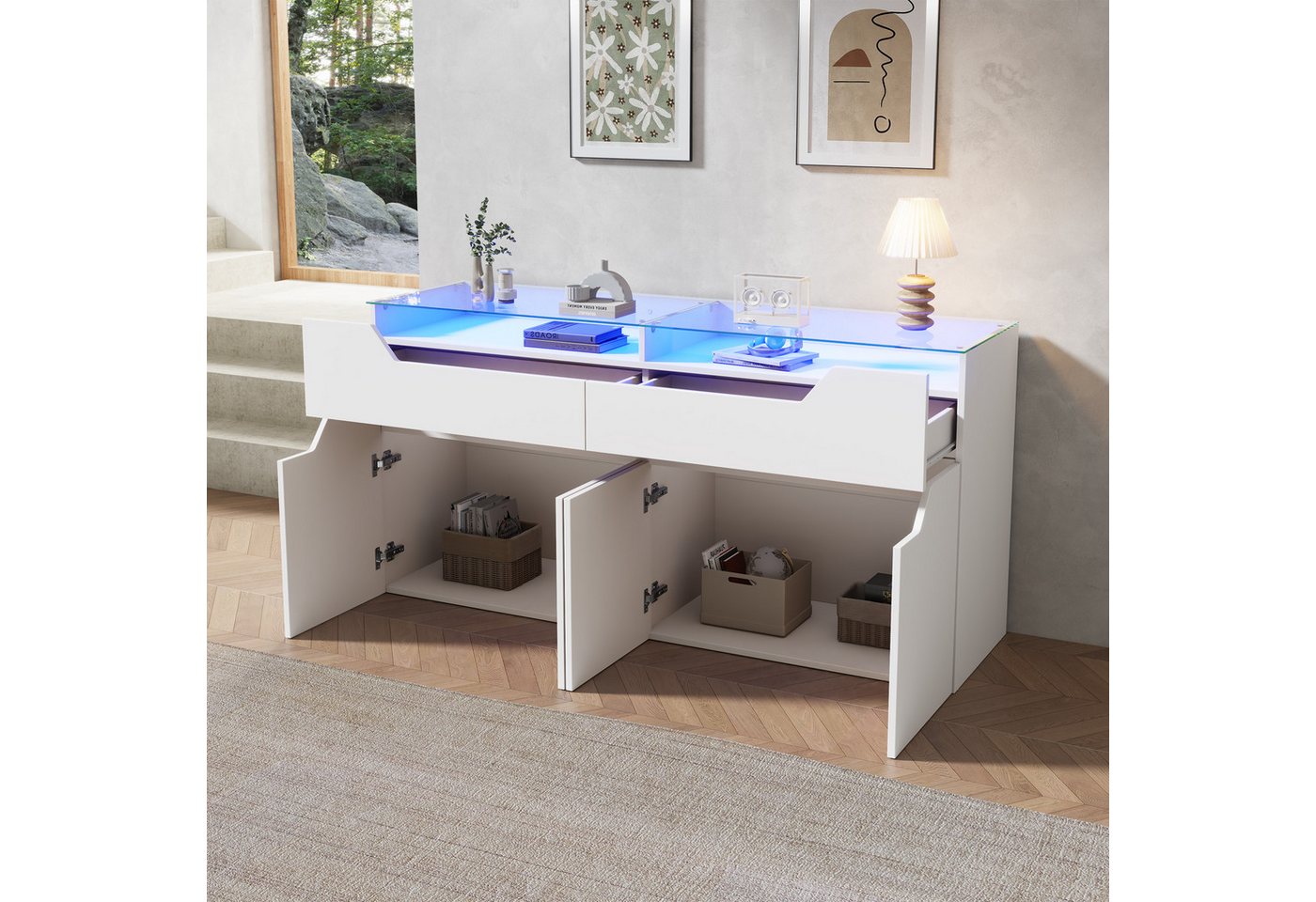 Merax Sideboard mit LED-Beleuchtung, Aufbewahrungsschrank Buffetschrank Anrichte (1 St), Kommode mit 2 Schubladen, 4 Türen, gehärteter Glasplatte & Stauraum – Bild 2 von 5