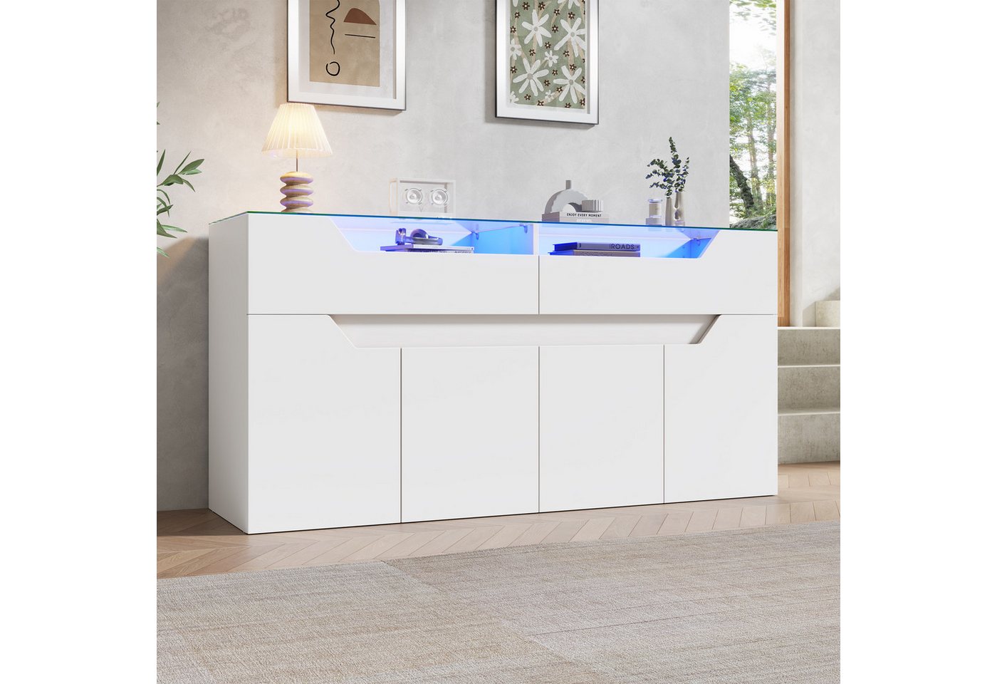 Merax Sideboard mit LED-Beleuchtung, Aufbewahrungsschrank Buffetschrank Anrichte (1 St), Kommode mit 2 Schubladen, 4 Türen, gehärteter Glasplatte & Stauraum – Bild 3 von 5