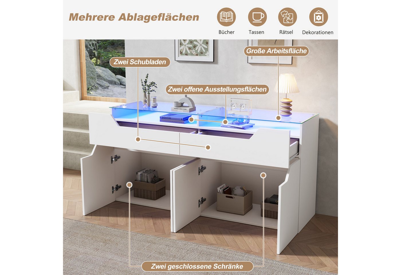 Merax Sideboard mit LED-Beleuchtung, Aufbewahrungsschrank Buffetschrank Anrichte (1 St), Kommode mit 2 Schubladen, 4 Türen, gehärteter Glasplatte & Stauraum – Bild 4 von 5