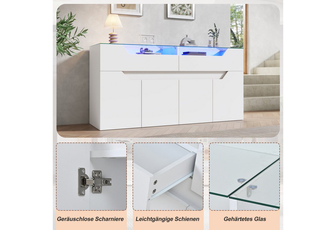 Merax Sideboard mit LED-Beleuchtung, Aufbewahrungsschrank Buffetschrank Anrichte (1 St), Kommode mit 2 Schubladen, 4 Türen, gehärteter Glasplatte & Stauraum – Bild 5 von 5