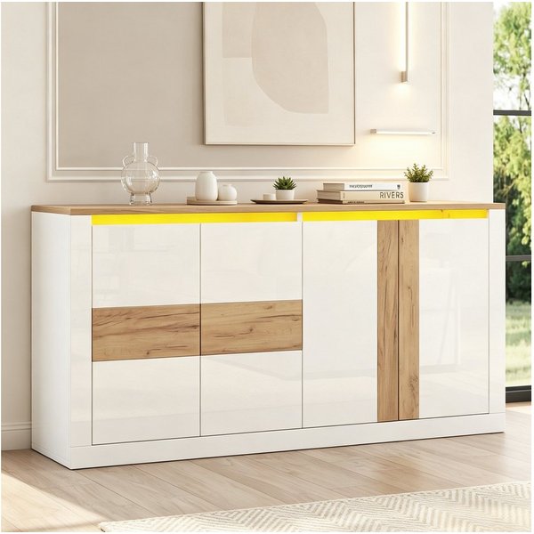 Merax Sideboard mit LED Beleuchtung, Schrank Hochglanz Weiß Eiche (1 St., 140 x 35 x 70 cm), Kommode mit 4 Türen, verstellbaren Einlegeböden und App-Steuerung