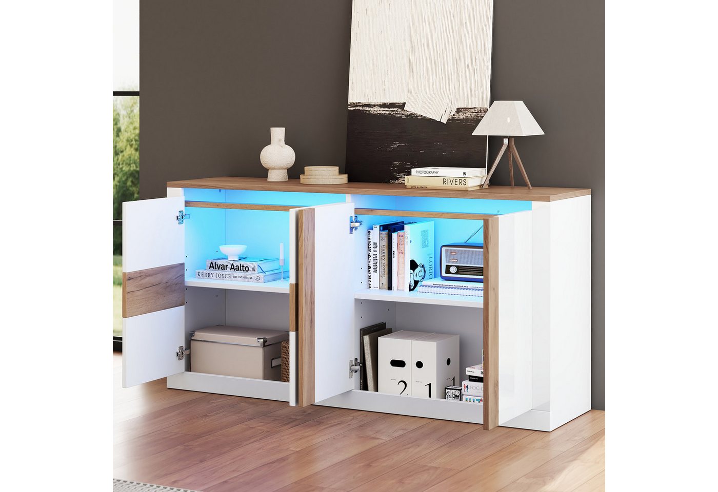 Merax Sideboard mit LED Beleuchtung, Schrank Hochglanz Weiß Eiche (1 St., 140 x 35 x 70 cm), Kommode mit 4 Türen, verstellbaren Einlegeböden und App-Steuerung – Bild 2 von 5
