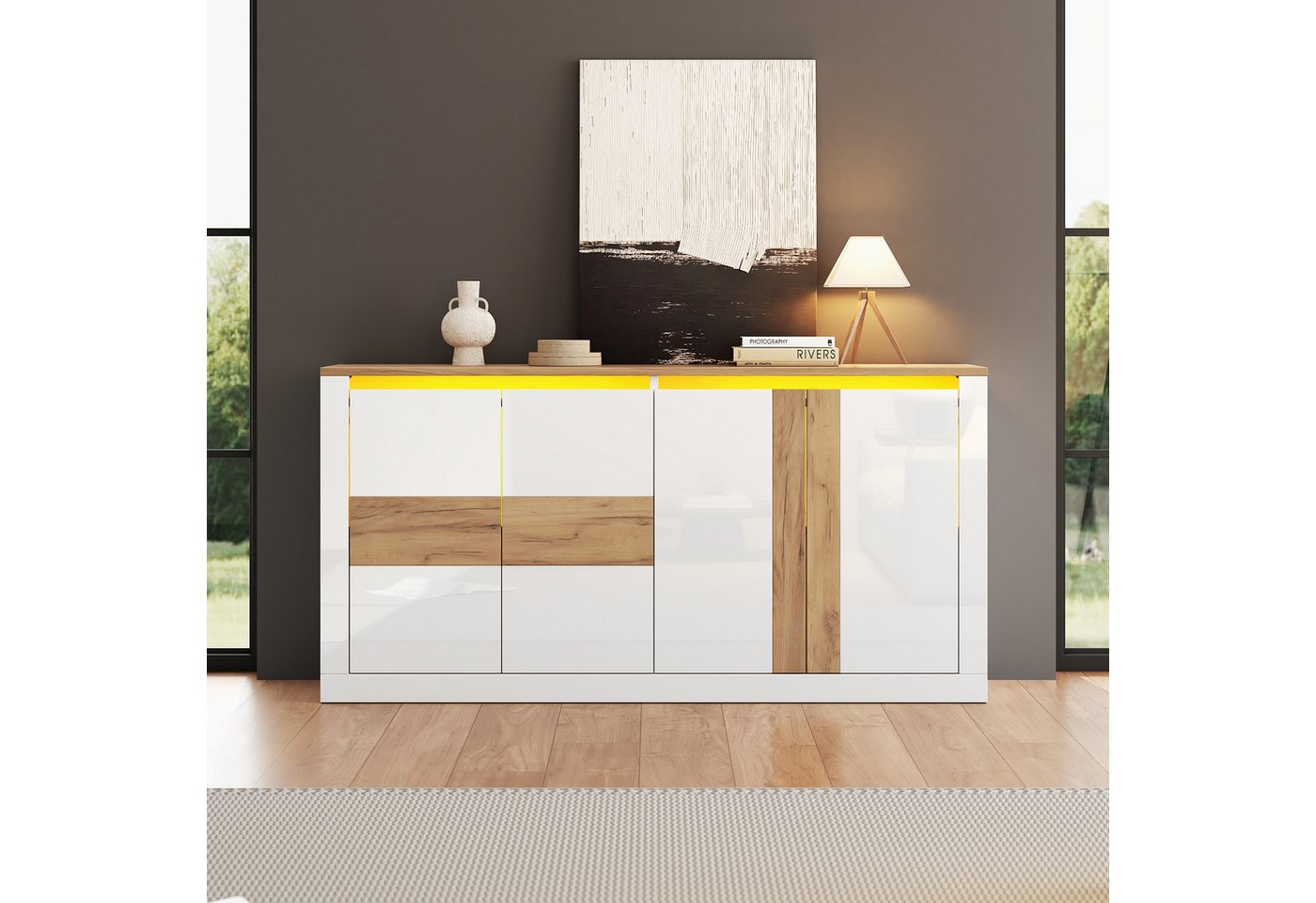 Merax Sideboard mit LED Beleuchtung, Schrank Hochglanz Weiß Eiche (1 St., 140 x 35 x 70 cm), Kommode mit 4 Türen, verstellbaren Einlegeböden und App-Steuerung – Bild 3 von 5