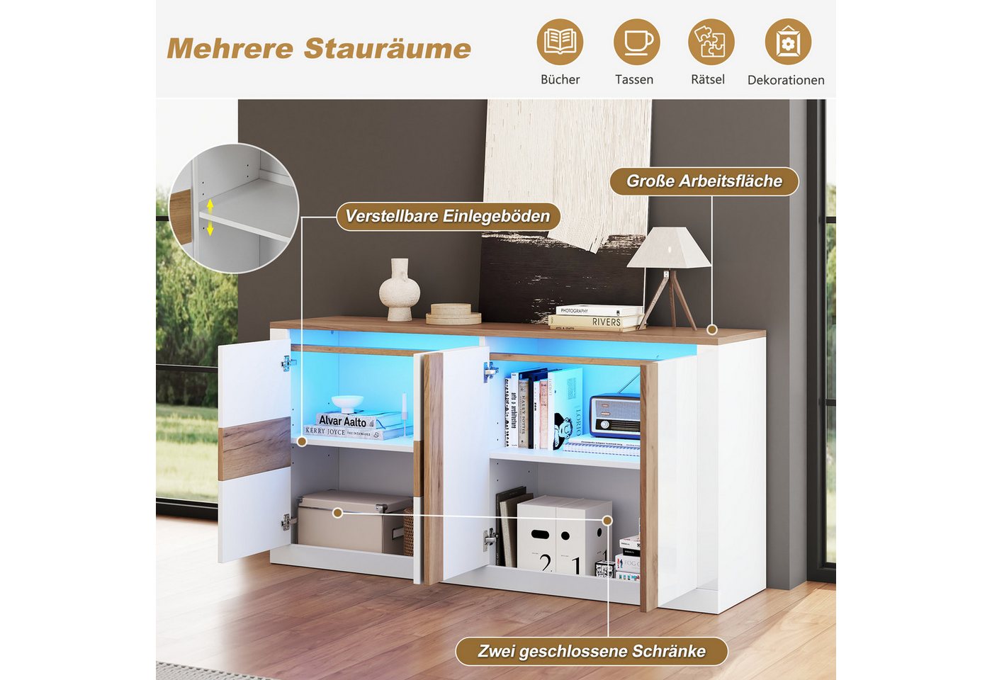 Merax Sideboard mit LED Beleuchtung, Schrank Hochglanz Weiß Eiche (1 St., 140 x 35 x 70 cm), Kommode mit 4 Türen, verstellbaren Einlegeböden und App-Steuerung – Bild 4 von 5