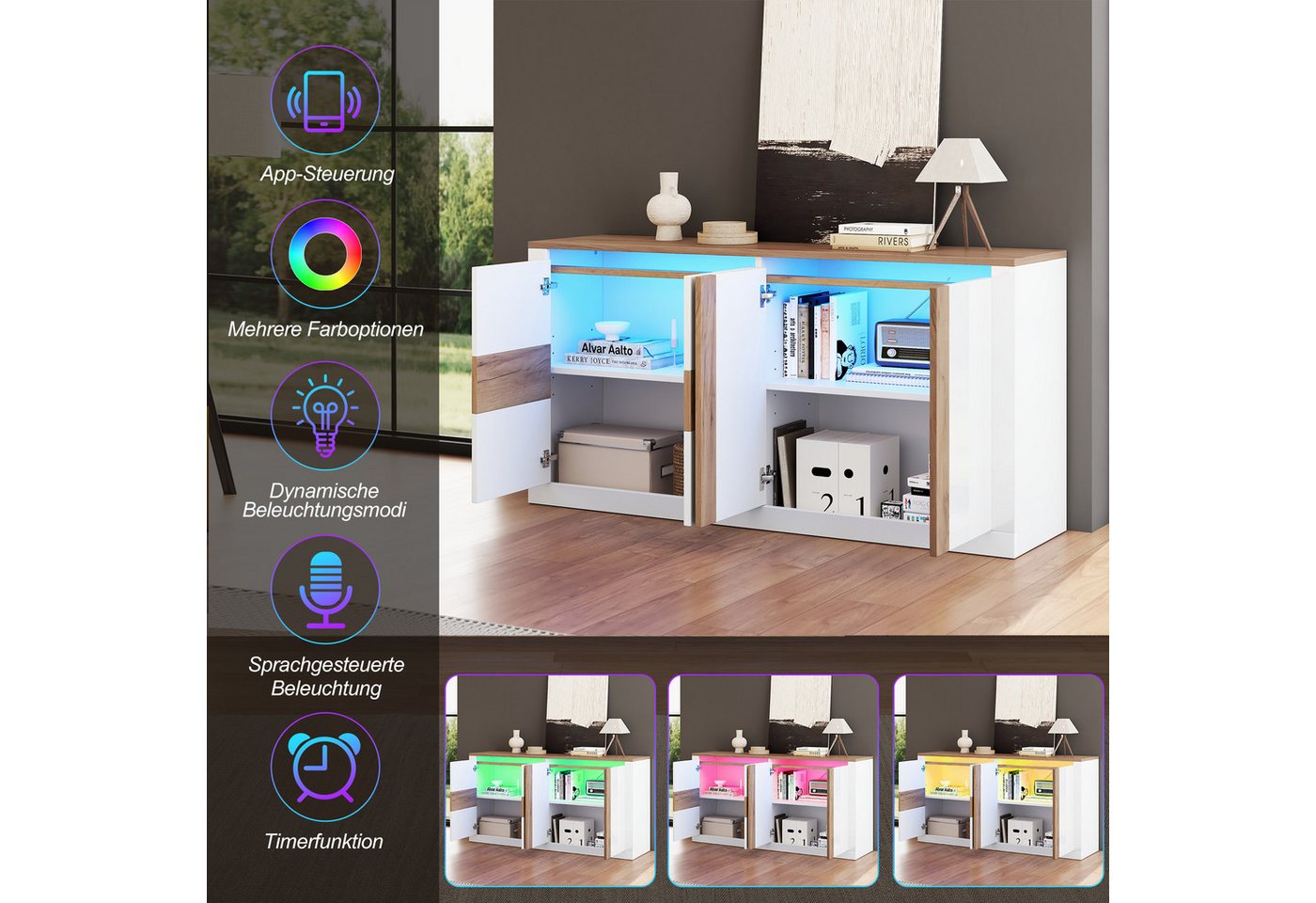 Merax Sideboard mit LED Beleuchtung, Schrank Hochglanz Weiß Eiche (1 St., 140 x 35 x 70 cm), Kommode mit 4 Türen, verstellbaren Einlegeböden und App-Steuerung – Bild 5 von 5