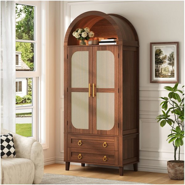 Merax Sideboard mit LED-Beleuchtung, Hochschrank mit Bogen-Nische & Rattan-Dekor (Aufbewahrungsschrank 76 x 40 x 179,5 cm, 1 St), Wohnzimmerschrank mit 2 Türen,