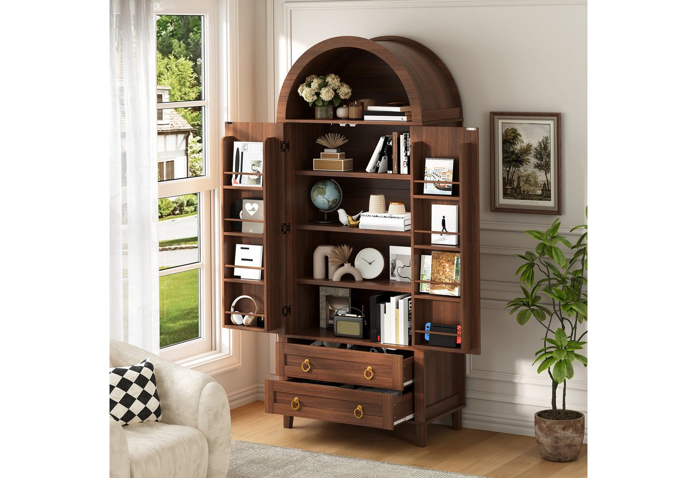 Merax Sideboard mit LED-Beleuchtung, Hochschrank mit Bogen-Nische & Rattan-Dekor (Aufbewahrungsschrank 76 x 40 x 179,5 cm, 1 St), Wohnzimmerschrank mit 2 Türen, – Bild 2 von 5