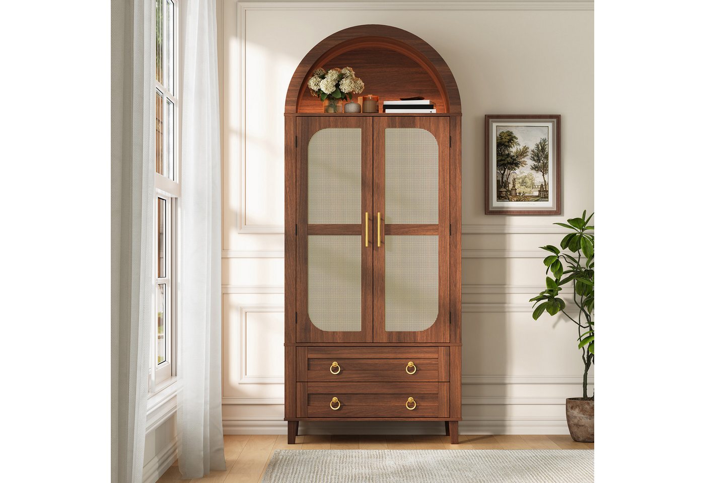 Merax Sideboard mit LED-Beleuchtung, Hochschrank mit Bogen-Nische & Rattan-Dekor (Aufbewahrungsschrank 76 x 40 x 179,5 cm, 1 St), Wohnzimmerschrank mit 2 Türen, – Bild 3 von 5