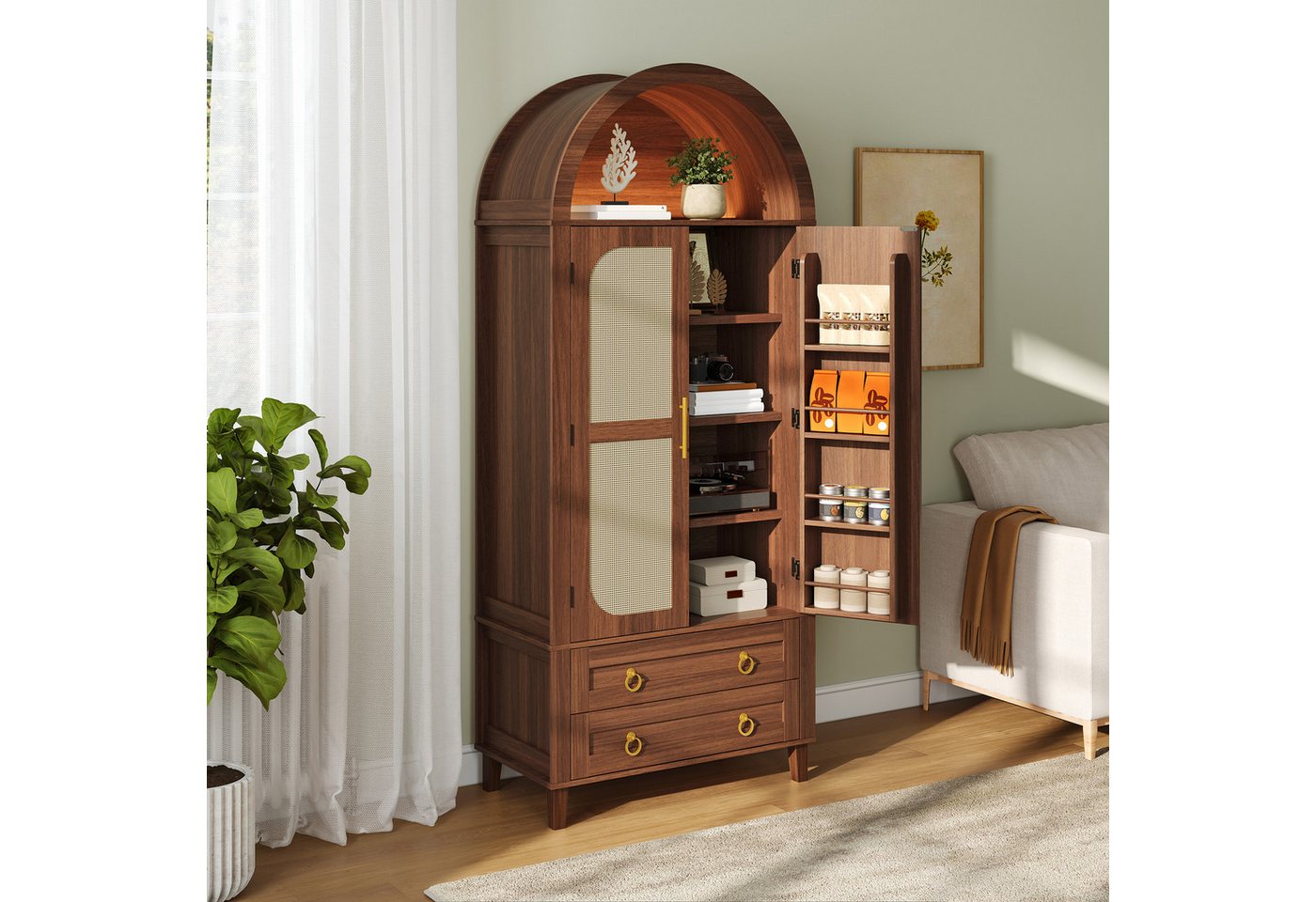 Merax Sideboard mit LED-Beleuchtung, Hochschrank mit Bogen-Nische & Rattan-Dekor (Aufbewahrungsschrank 76 x 40 x 179,5 cm, 1 St), Wohnzimmerschrank mit 2 Türen, – Bild 4 von 5
