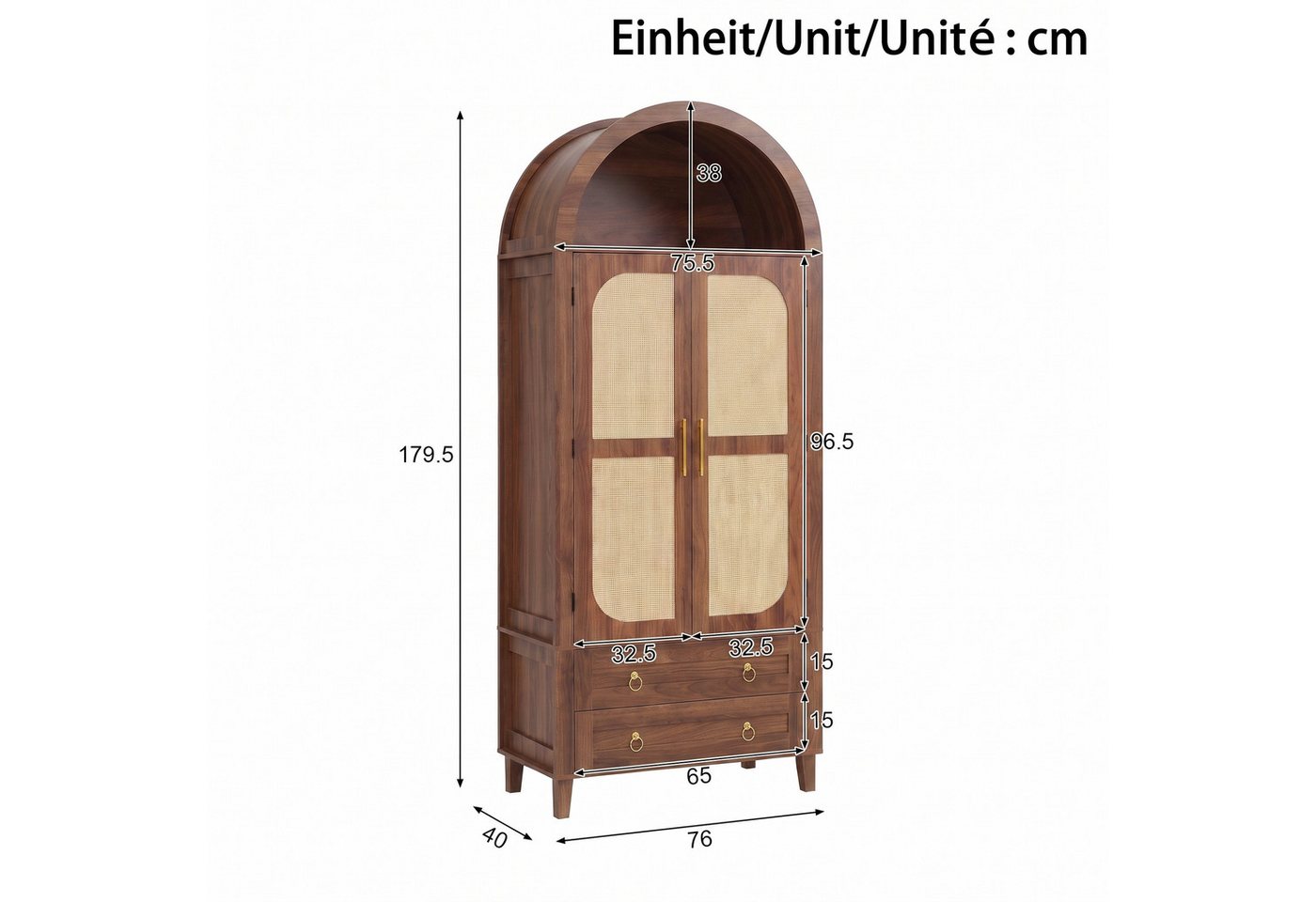 Merax Sideboard mit LED-Beleuchtung, Hochschrank mit Bogen-Nische & Rattan-Dekor (Aufbewahrungsschrank 76 x 40 x 179,5 cm, 1 St), Wohnzimmerschrank mit 2 Türen, – Bild 5 von 5
