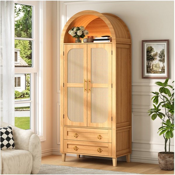 Merax Sideboard mit LED-Beleuchtung, Hochschrank mit Bogen-Nische & Rattan-Dekor (Aufbewahrungsschrank 76 x 40 x 179,5 cm, 1 St), Wohnzimmerschrank mit 2 Türen,