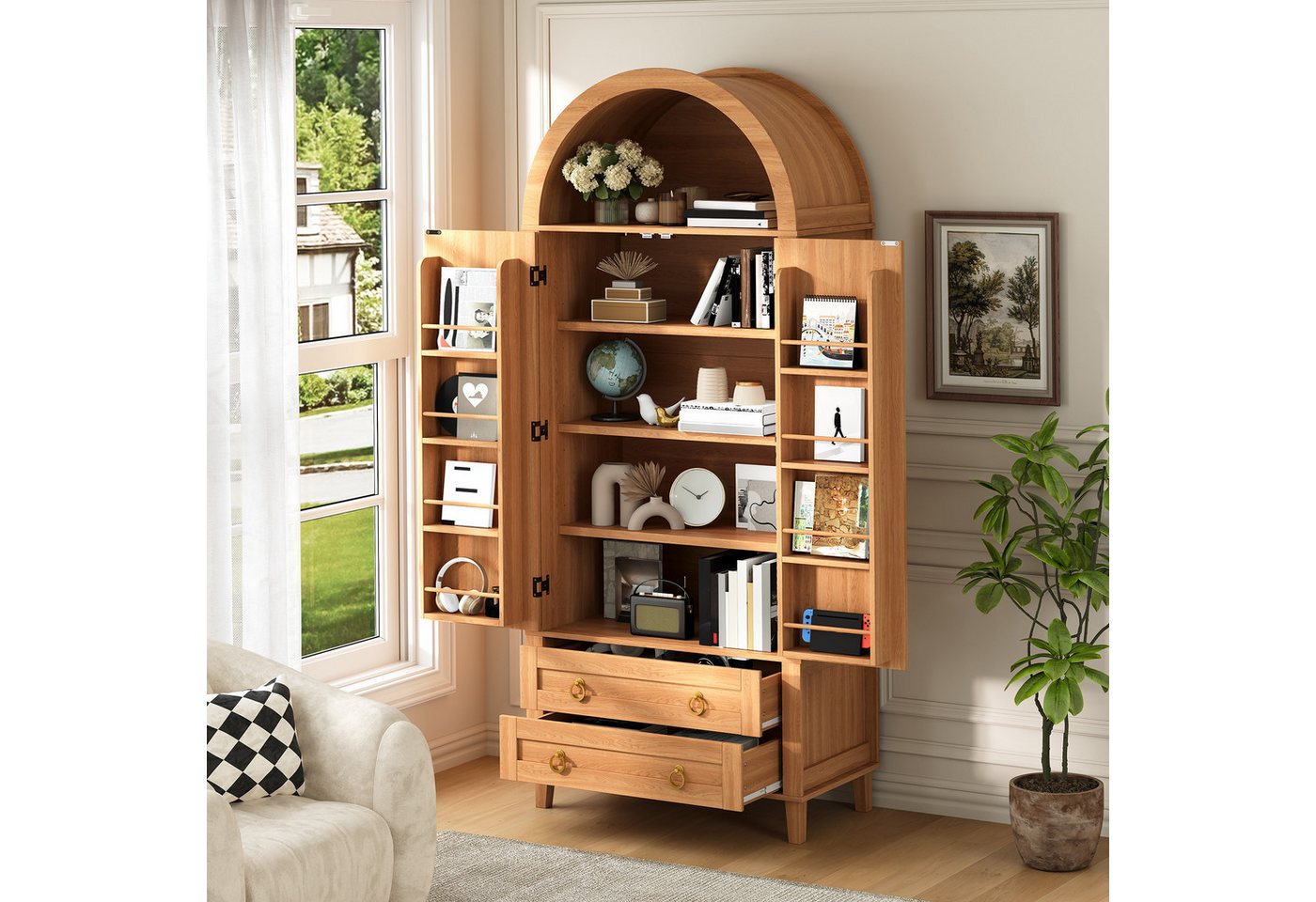 Merax Sideboard mit LED-Beleuchtung, Hochschrank mit Bogen-Nische & Rattan-Dekor (Aufbewahrungsschrank 76 x 40 x 179,5 cm, 1 St), Wohnzimmerschrank mit 2 Türen, – Bild 2 von 5