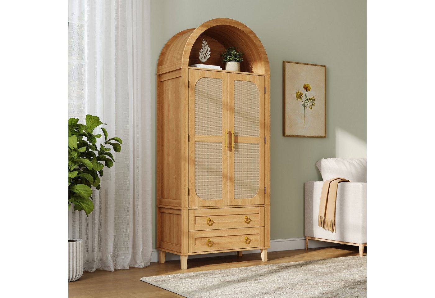 Merax Sideboard mit LED-Beleuchtung, Hochschrank mit Bogen-Nische & Rattan-Dekor (Aufbewahrungsschrank 76 x 40 x 179,5 cm, 1 St), Wohnzimmerschrank mit 2 Türen, – Bild 3 von 5