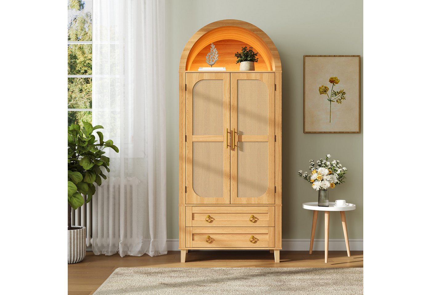 Merax Sideboard mit LED-Beleuchtung, Hochschrank mit Bogen-Nische & Rattan-Dekor (Aufbewahrungsschrank 76 x 40 x 179,5 cm, 1 St), Wohnzimmerschrank mit 2 Türen, – Bild 4 von 5