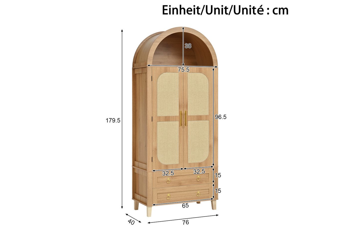 Merax Sideboard mit LED-Beleuchtung, Hochschrank mit Bogen-Nische & Rattan-Dekor (Aufbewahrungsschrank 76 x 40 x 179,5 cm, 1 St), Wohnzimmerschrank mit 2 Türen, – Bild 5 von 5