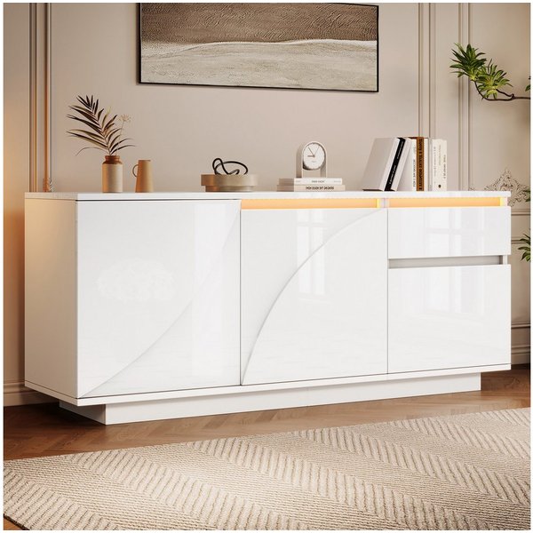 Merax Sideboard mit LED-Lichtleist (1 St., Wohnzimmerschrank 140x40x60cm), Kommode mit 3 Schränken, 1 Schublade, verstellbaren Einlegeböden