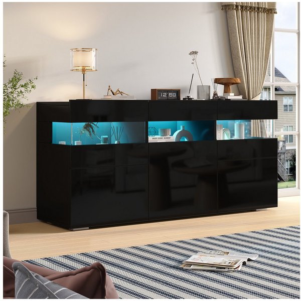 Merax Sideboard mit LED-Lichtleiste, Anrichte in Weiß mit Hochglanzfront (1 St., 140*40.5*66.5cm), Wohnzimmerschrank Kommode mit 3 Türen, 7 Ablagefächern, Acryl