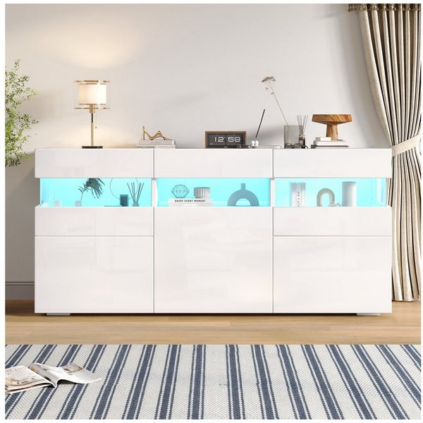 Merax Sideboard mit LED-Lichtleiste, Anrichte in Weiß mit Hochglanzfront (1 St., 140*40.5*66.5cm), Wohnzimmerschrank Kommode mit 3 Türen, 7 Ablagefächern, Acryl