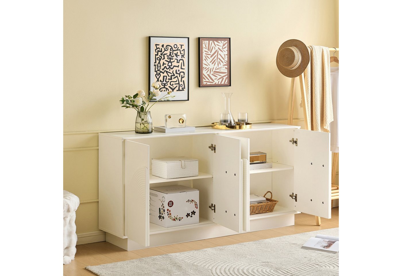 Merax Sideboard mit matter Oberfläche (1 St), Kommode mit 4 gewölbte Türen,Aufbewahrungsschrank,Anrichte,160x38x80cm – Bild 3 von 5
