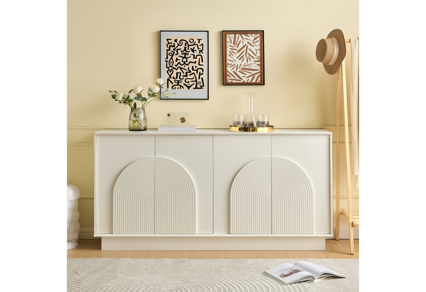 Merax Sideboard mit matter Oberfläche (1 St), Kommode mit 4 gewölbte Türen,Aufbewahrungsschrank,Anrichte,160x38x80cm – Bild 4 von 5