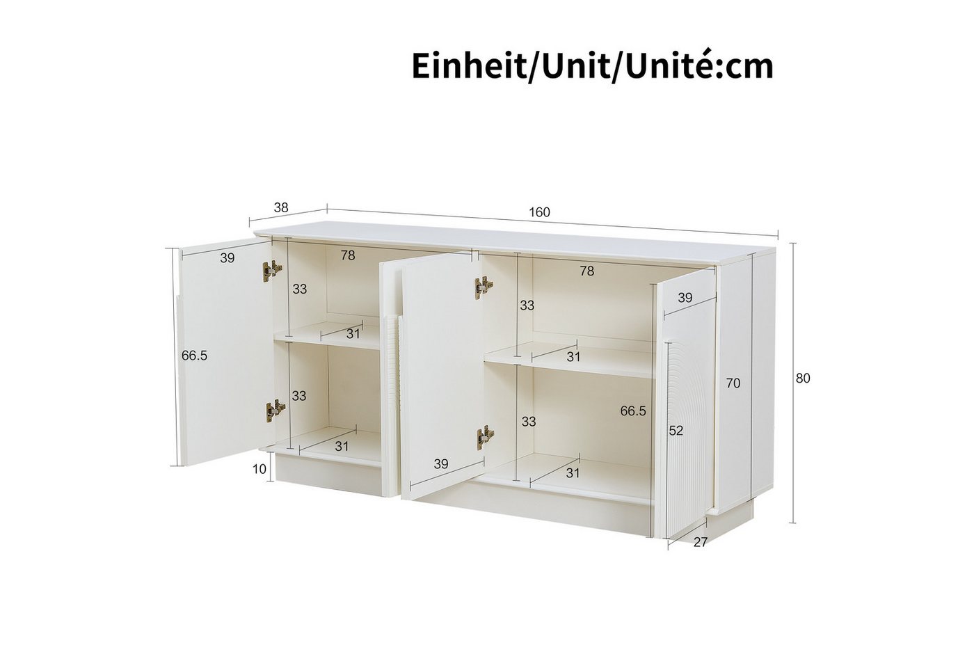 Merax Sideboard mit matter Oberfläche (1 St), Kommode mit 4 gewölbte Türen,Aufbewahrungsschrank,Anrichte,160x38x80cm – Bild 5 von 5