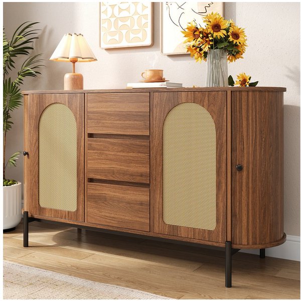 Merax Sideboard mit Rattantüren, Ovales Aufbewahrungsschrank in Holzoptik (140 × 38 × 77,5 cm, 1 St), Kommode mit 2 Schiebetüren, 3 Schubladen, Metallbeinen & S