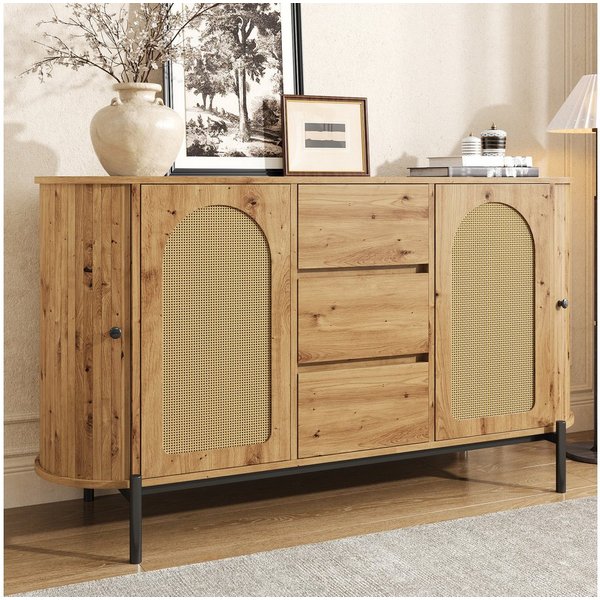 Merax Sideboard mit Rattantüren, Ovales Aufbewahrungsschrank in Holzoptik (140 × 38 × 77,5 cm, 1 St), Kommode mit 2 Schiebetüren, 3 Schubladen, Metallbeinen & S