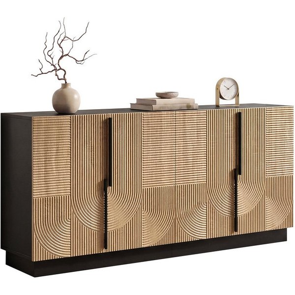 Merax Sideboard mit Relieffront, Wohnzimmerschrank Flurschrank Esszimmerschrank (1 St), Kommode mit 4 Türen, Metallgriffe & Stauraum, 160x42x76cm
