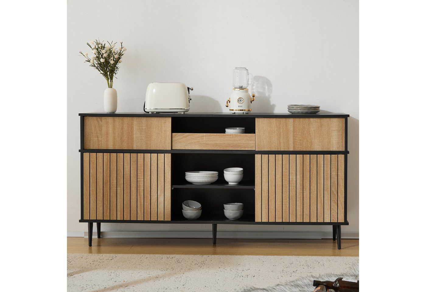Merax Sideboard mit Schublade und 4 Schiebetüren, Kommode im Industriestil, Anrichte mit viel Stauraum, Breit: 160cm – Bild 2 von 5