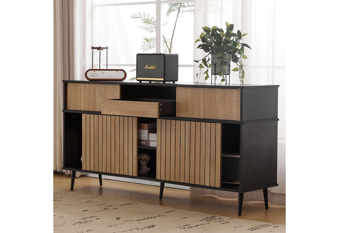 Merax Sideboard mit Schublade und 4 Schiebetüren, Kommode im Industriestil, Anrichte mit viel Stauraum, Breit: 160cm – Bild 3 von 5