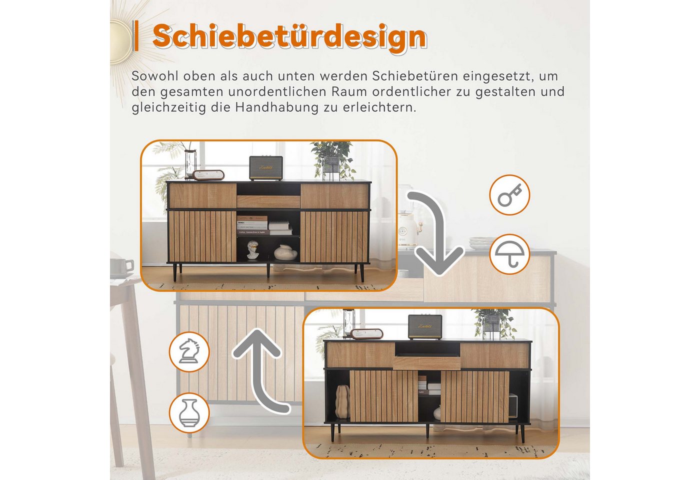 Merax Sideboard mit Schublade und 4 Schiebetüren, Kommode im Industriestil, Anrichte mit viel Stauraum, Breit: 160cm – Bild 4 von 5