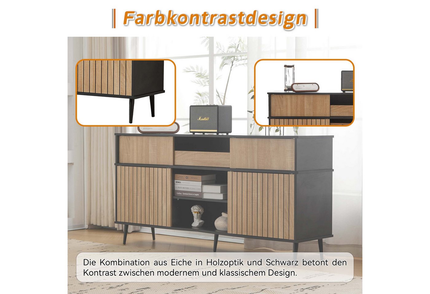 Merax Sideboard mit Schublade und 4 Schiebetüren, Kommode im Industriestil, Anrichte mit viel Stauraum, Breit: 160cm – Bild 5 von 5