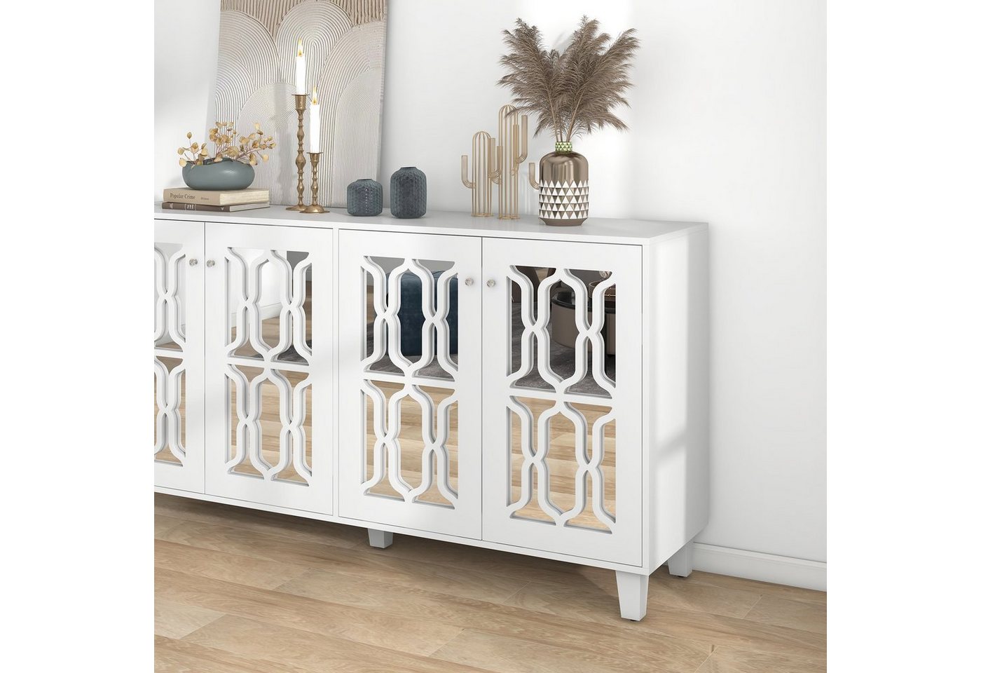 Merax Sideboard mit Spiegelelementen und geometrischem Trellis-Muster, Kommode mit Spiegelfront,Anrichte mit großem Stauraum,Breite:160cm – Bild 2 von 5