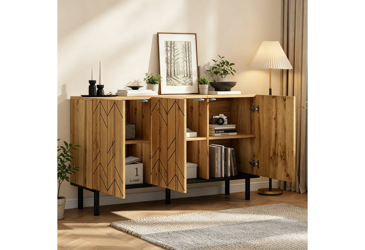 Merax Sideboard mit Wellenmuster Design (1 St), Kommode mit 3 Türen, Metallbeinen & Stauraum, 120×35×70cm – Bild 2 von 5