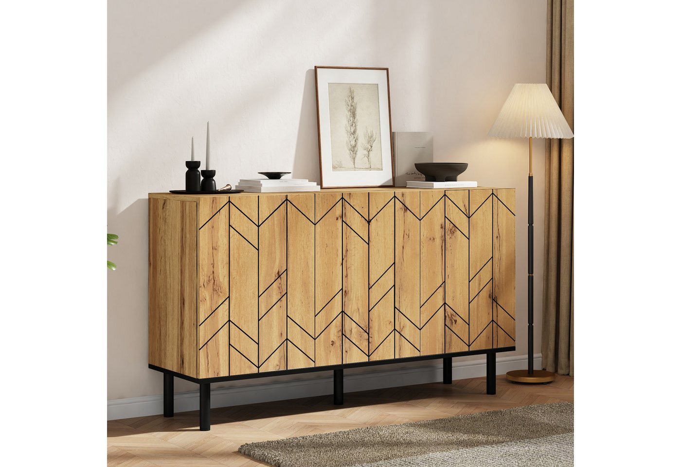 Merax Sideboard mit Wellenmuster Design (1 St), Kommode mit 3 Türen, Metallbeinen & Stauraum, 120×35×70cm – Bild 3 von 5