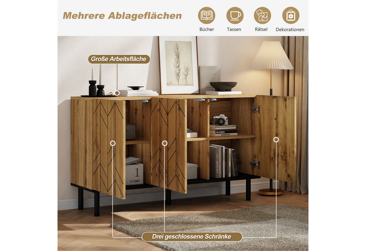 Merax Sideboard mit Wellenmuster Design (1 St), Kommode mit 3 Türen, Metallbeinen & Stauraum, 120×35×70cm – Bild 4 von 5