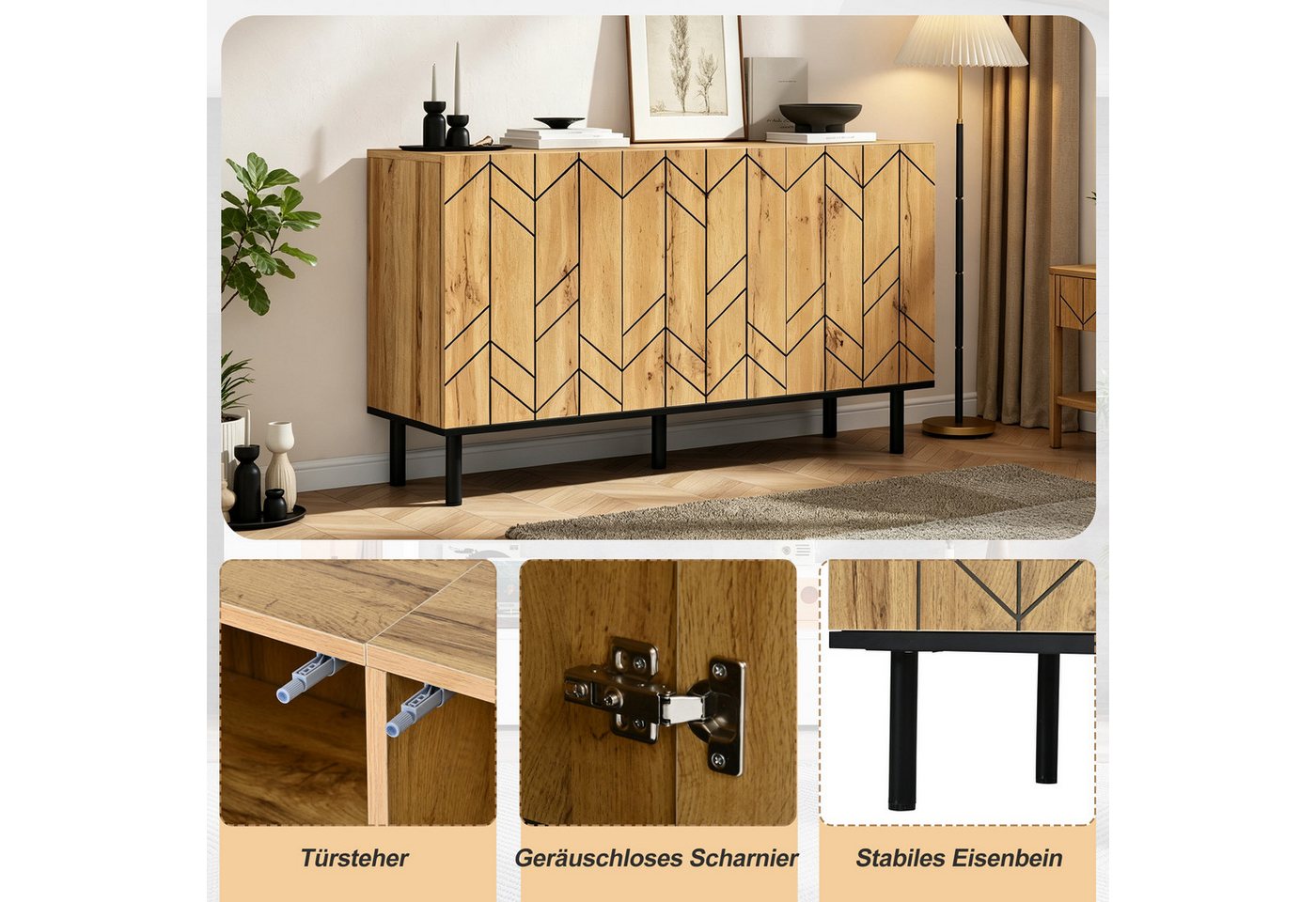 Merax Sideboard mit Wellenmuster Design (1 St), Kommode mit 3 Türen, Metallbeinen & Stauraum, 120×35×70cm – Bild 5 von 5