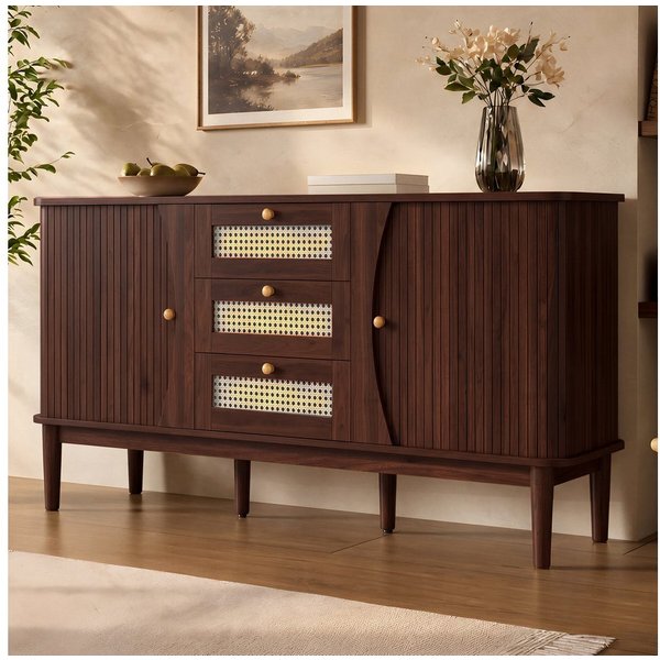 Merax Sideboard Skandi mit 2 Schiebetüren und 3 Schubladen (Rattanschrank Landhausstil, für Wohnzimmer & Flur), Rattan geflecht Kommode, Anrichte Schrank mit Ho