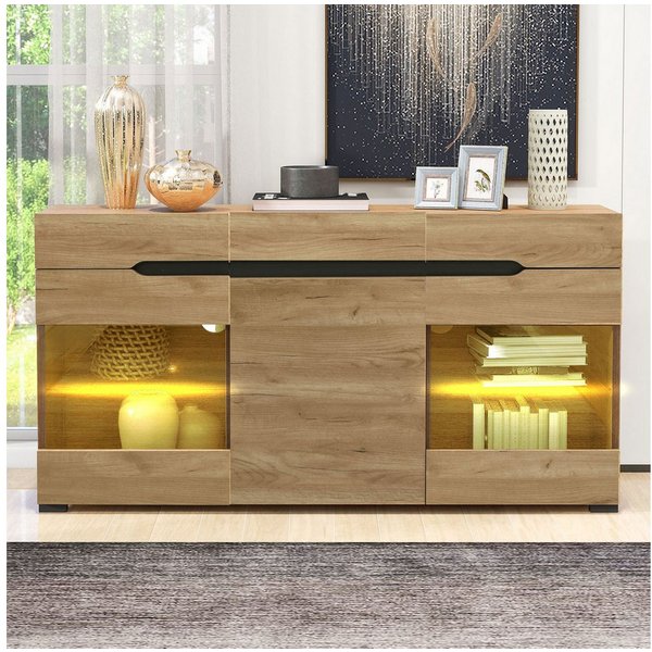 Merax Sideboard Wildeiche Farbe mit LED, Anrichte mit Glasablage, Kommde mit 3 Schubladen und 6 Fächern,B/H/T: 140/80/35cm